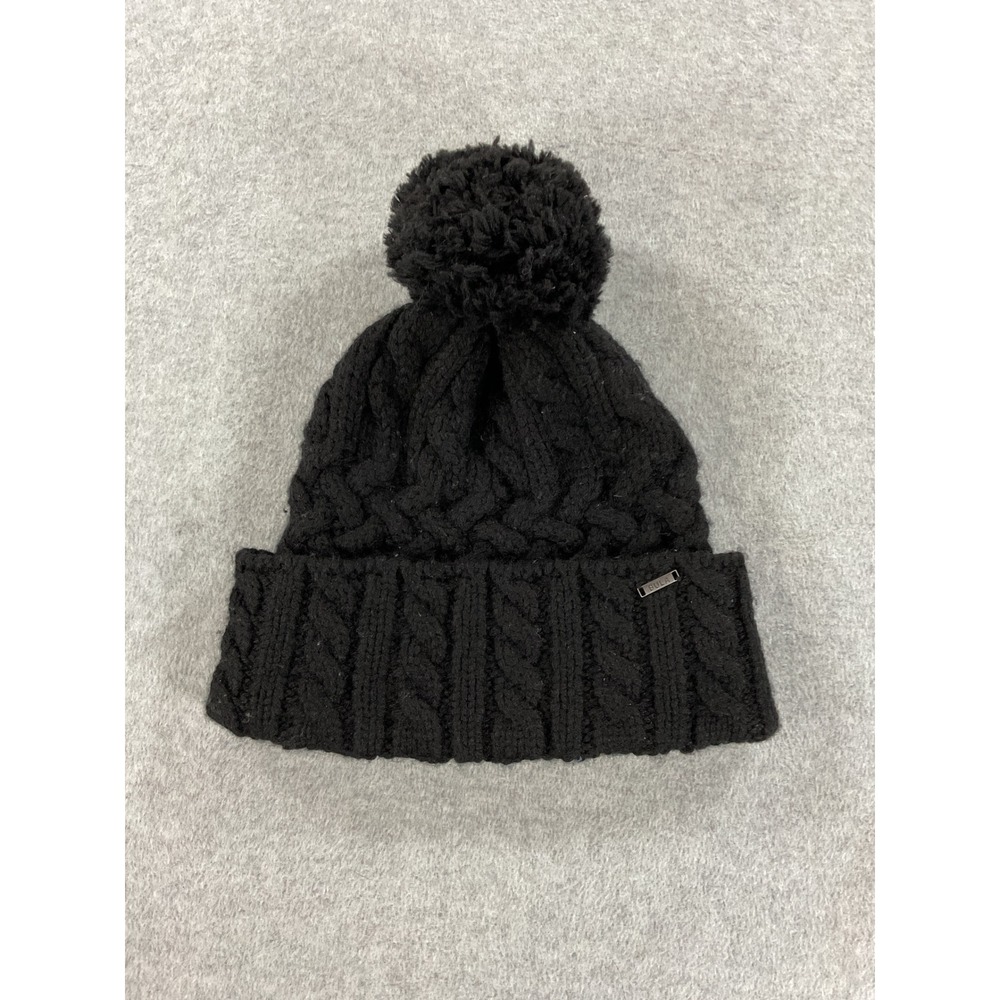 Bula Black Cable Knit Pom Pom Beanie Wool Blend Winter Hat Fleece Lined 2880